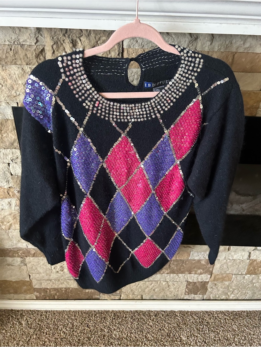 Vintage Retro IB Diffusion Studded Argyle Silk Angora Lambswool Sequin Sweater - Picture 2 of 6